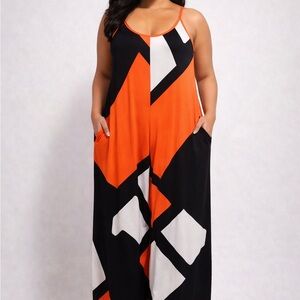 SHEIN Curve 1XL Geometric Spaghetti Strap Full-Length Jumpsuit Pockets